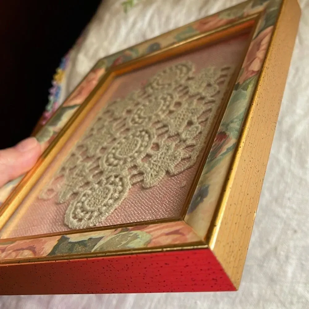 Lace sampler framed art vintage country  life cottage core